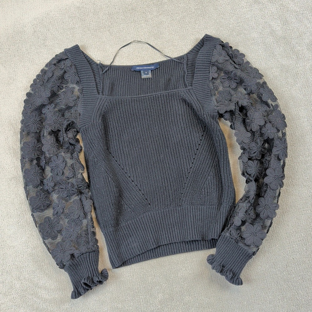 French Connection Sweater Womens Small Black Floral Lace Puff Sleeve Square Neck